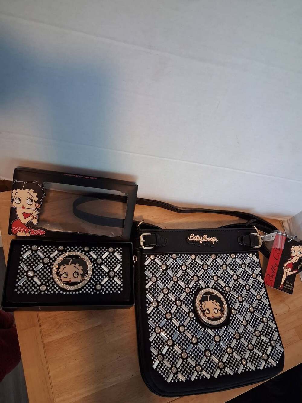 New with tags Betty Boop black blingy crossbody purse and wallet set